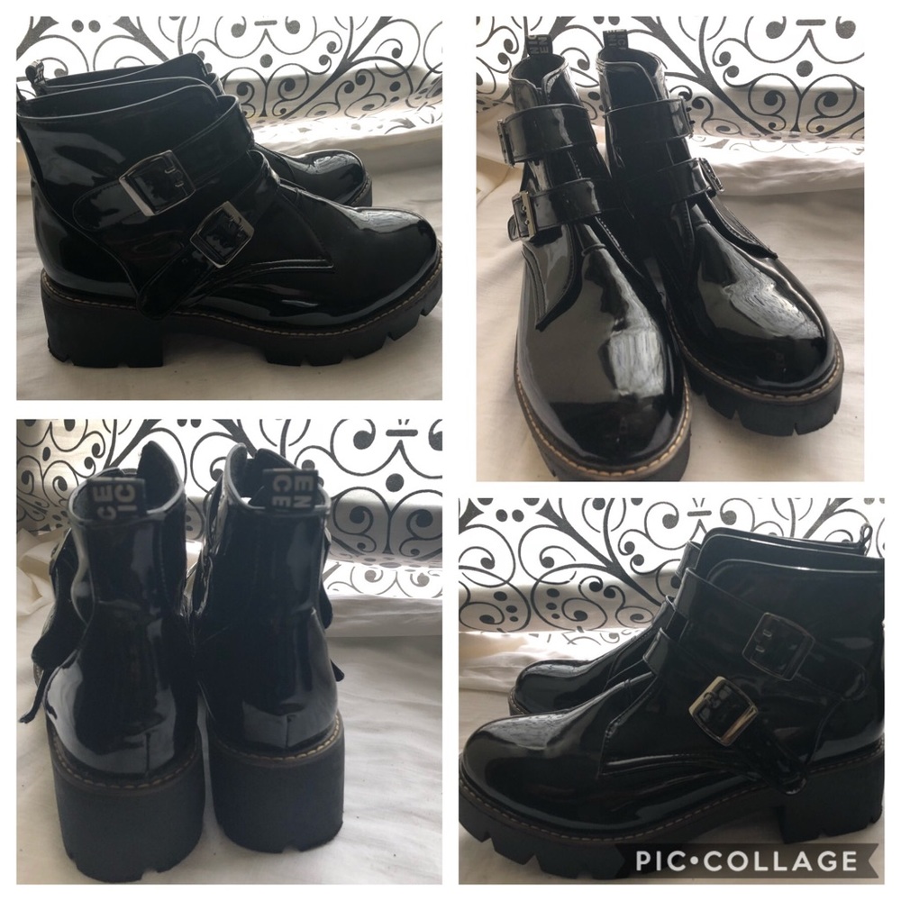 HP🎉Black Patent Buckle Chunky Lug Sole Ankle Boot